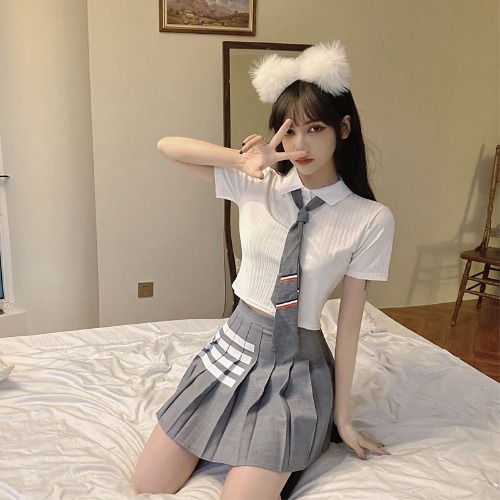 Sexy White Polo Collar Top and Pleated Skirt Set - Women's JK Uniform Inspired Beauty Salon Club Workwear Sexy White Polo Collar Top and Pleated Skirt Set - Women's JK Uniform Inspired Beauty Salon Club Workwear