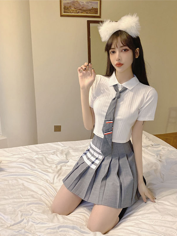 Sexy White Polo Collar Top and Pleated Skirt Set - Women's JK Uniform Inspired Beauty Salon Club Workwear