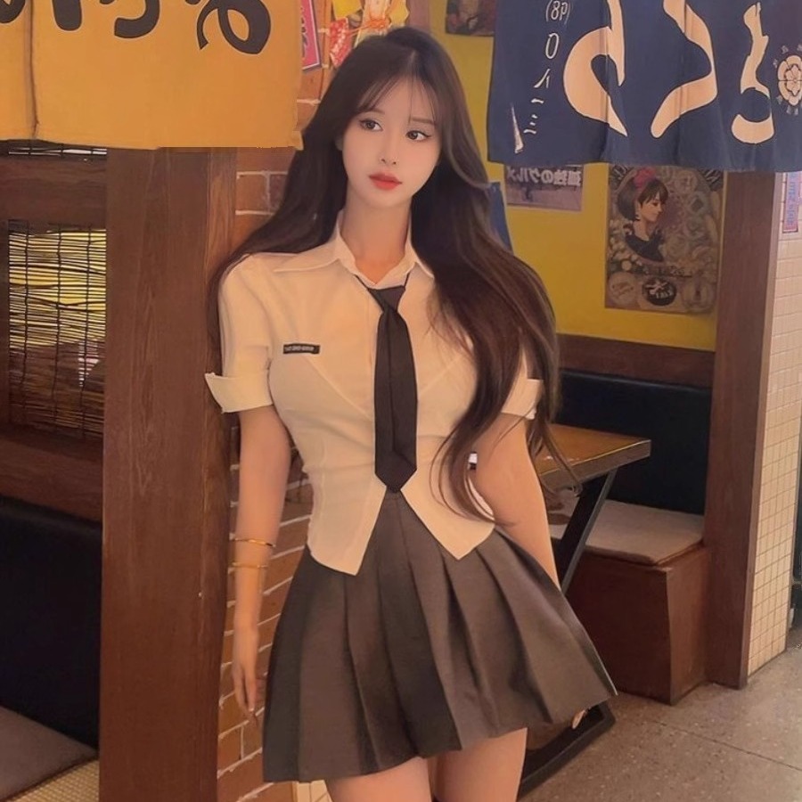Sexy White Short-Sleeve JK Uniform Two-Piece Set with Pleated Skirt for Hot Girl Bar KTV Work Outfit Sexy White Short-Sleeve JK Uniform Two-Piece Set with Pleated Skirt for Hot Girl Bar KTV Work Outfit