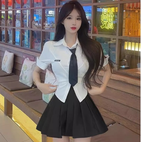 Sexy White Short-Sleeve JK Uniform Two-Piece Set with Pleated Skirt for Hot Girl Bar KTV Work Outfit Sexy White Short-Sleeve JK Uniform Two-Piece Set with Pleated Skirt for Hot Girl Bar KTV Work Outfit