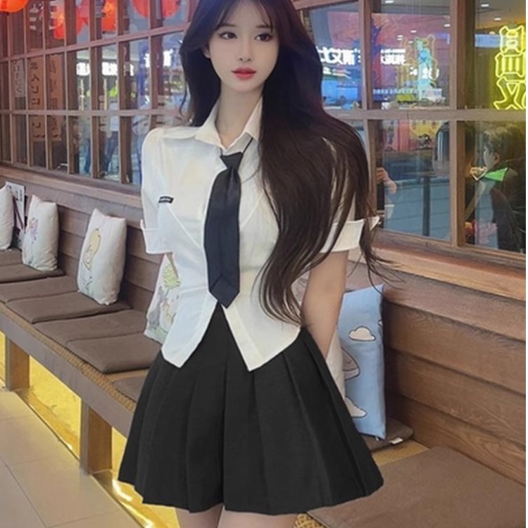 Sexy White Short-Sleeve JK Uniform Two-Piece Set with Pleated Skirt for Hot Girl Bar KTV Work Outfit Sexy White Short-Sleeve JK Uniform Two-Piece Set with Pleated Skirt for Hot Girl Bar KTV Work Outfit