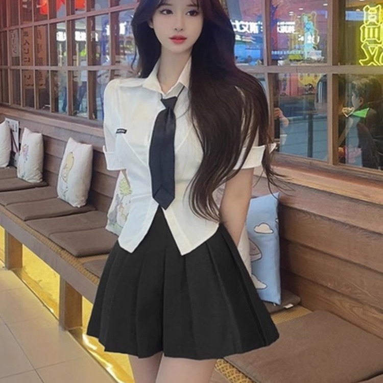 Sexy White Short-Sleeve JK Uniform Two-Piece Set with Pleated Skirt for Hot Girl Bar KTV Work Outfit Sexy White Short-Sleeve JK Uniform Two-Piece Set with Pleated Skirt for Hot Girl Bar KTV Work Outfit
