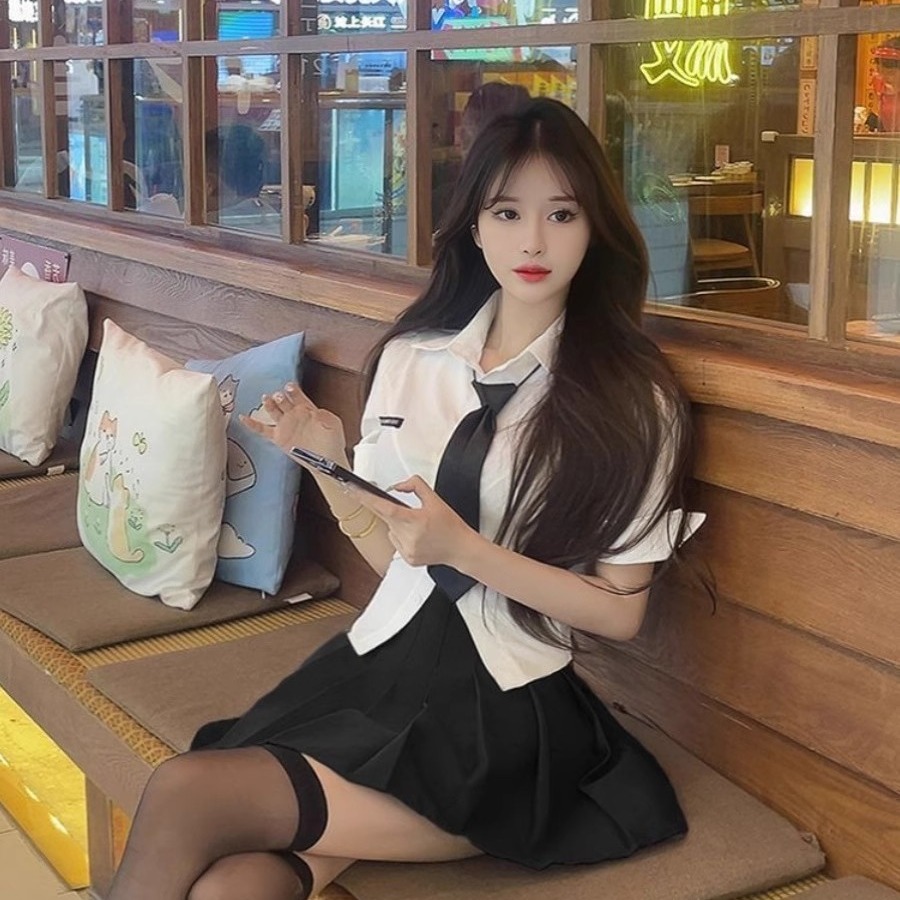 Sexy White Short-Sleeve JK Uniform Two-Piece Set with Pleated Skirt for Hot Girl Bar KTV Work Outfit Sexy White Short-Sleeve JK Uniform Two-Piece Set with Pleated Skirt for Hot Girl Bar KTV Work Outfit