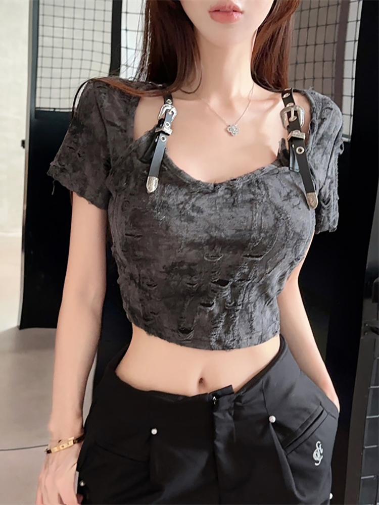 Sexy Y2K Vibe Short-Sleeve T-Shirt for Women, American Wasteland Style, Jazz Dance & K-Pop Music Festival Outfit Sexy Y2K Vibe Short-Sleeve T-Shirt for Women, American Wasteland Style, Jazz Dance & K-Pop Music Festival Outfit