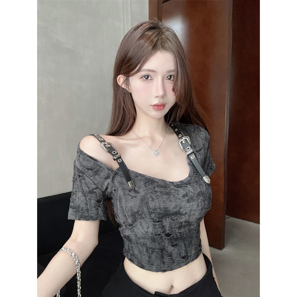 Sexy Y2K Vibe Short-Sleeve T-Shirt for Women, American Wasteland Style, Jazz Dance & K-Pop Music Festival Outfit Sexy Y2K Vibe Short-Sleeve T-Shirt for Women, American Wasteland Style, Jazz Dance & K-Pop Music Festival Outfit