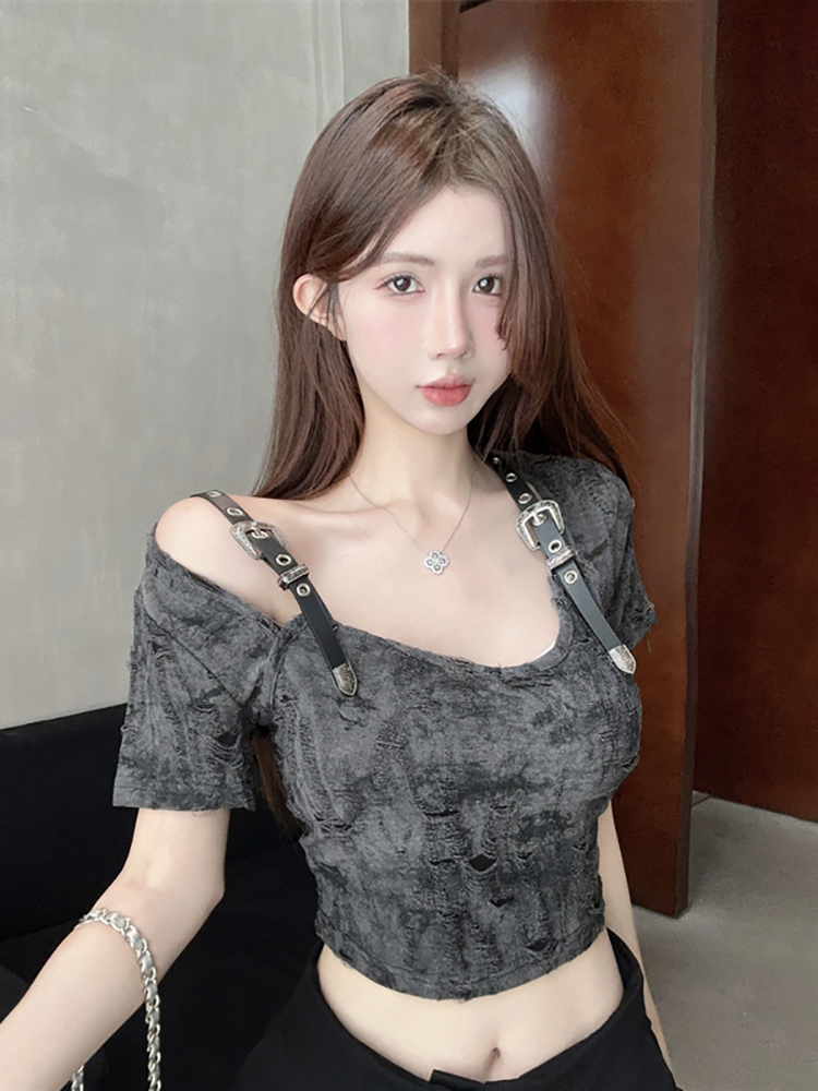 Sexy Y2K Vibe Short-Sleeve T-Shirt for Women, American Wasteland Style, Jazz Dance & K-Pop Music Festival Outfit Sexy Y2K Vibe Short-Sleeve T-Shirt for Women, American Wasteland Style, Jazz Dance & K-Pop Music Festival Outfit