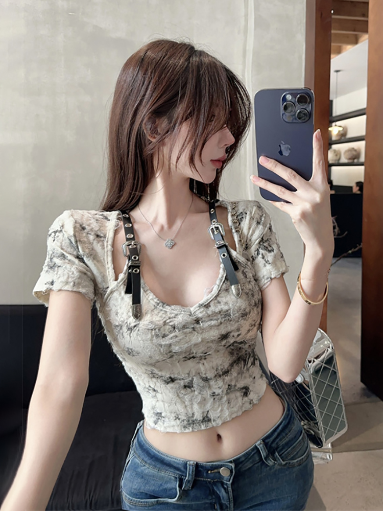 Sexy Y2K Vibe Short-Sleeve T-Shirt for Women, American Wasteland Style, Jazz Dance & K-Pop Music Festival Outfit Sexy Y2K Vibe Short-Sleeve T-Shirt for Women, American Wasteland Style, Jazz Dance & K-Pop Music Festival Outfit