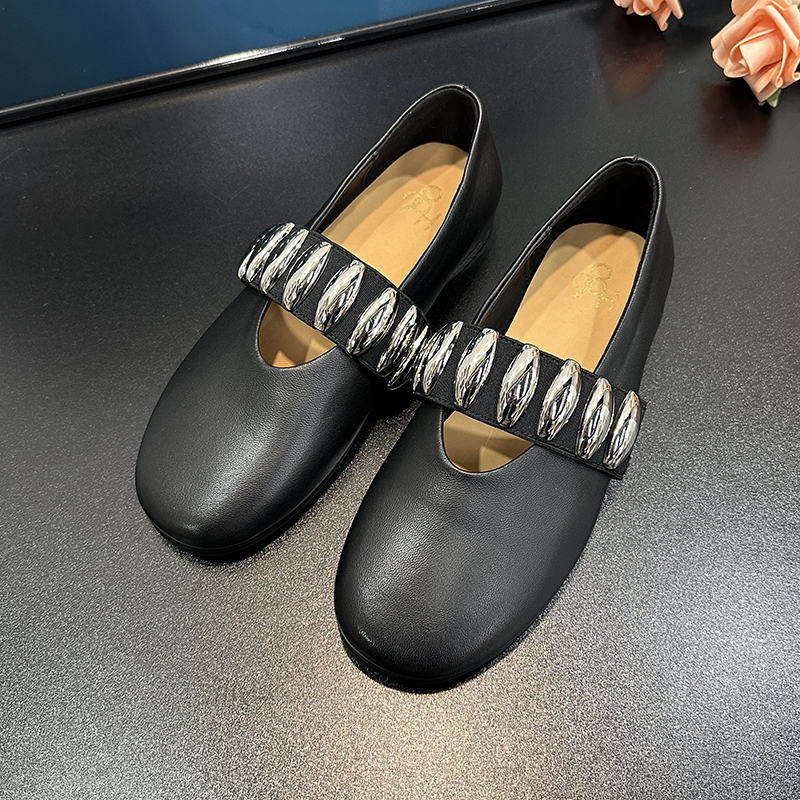 Sheepskin Mary Jane Flat Ballet Shoes for Women, Shallow Mouth, Pearl Strap, Stylish for Skirts, Comfortable Fashion Footwear