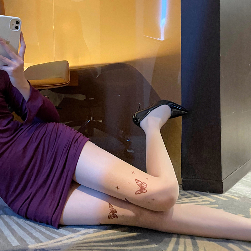 Sheer Butterfly Print Tights with Nude Feel, Snag-Resistant Design for a Sexy Look - Perfect for Y2K and 90s Inspired Fashion
