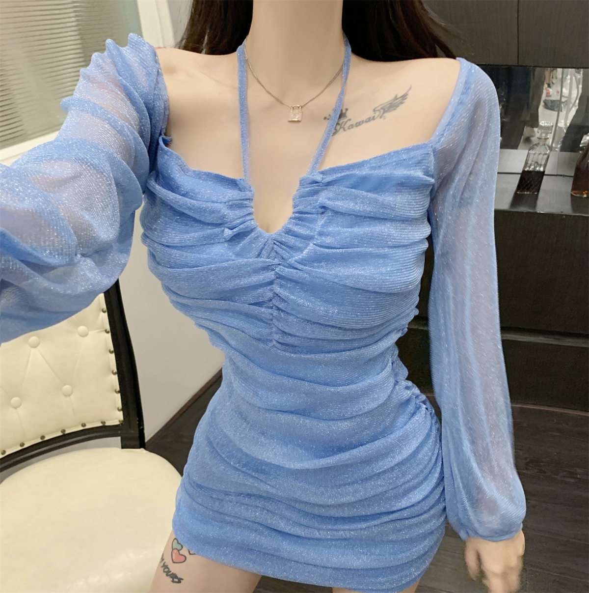 Sheer Long-Sleeve Bodycon Dress for Women - Strapless Slim Fit Camisole Dress for Nightclub in Spring and Autumn Sheer Long-Sleeve Bodycon Dress for Women - Strapless Slim Fit Camisole Dress for Nightclub in Spring and Autumn