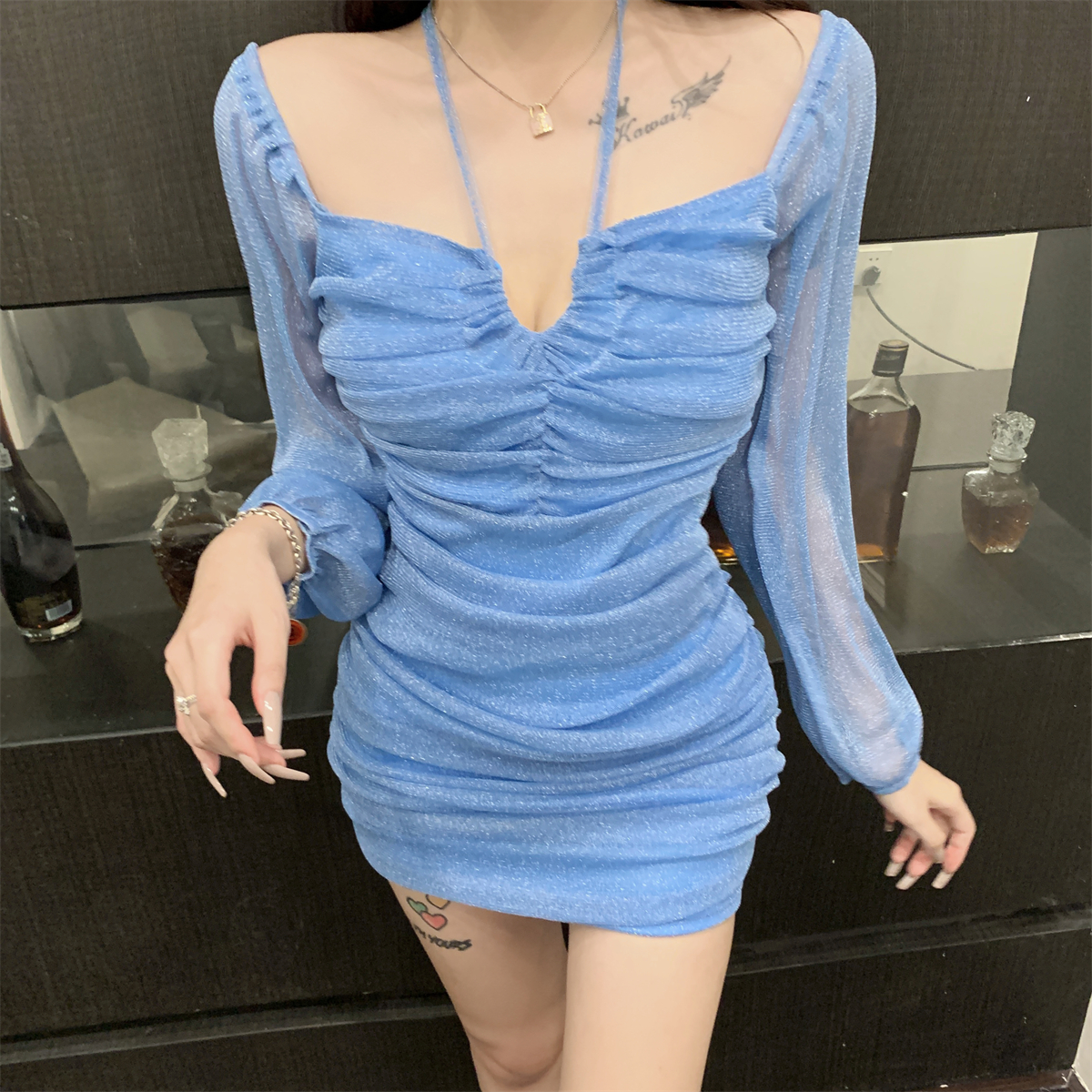 Sheer Long-Sleeve Bodycon Dress for Women - Strapless Slim Fit Camisole Dress for Nightclub in Spring and Autumn Sheer Long-Sleeve Bodycon Dress for Women - Strapless Slim Fit Camisole Dress for Nightclub in Spring and Autumn