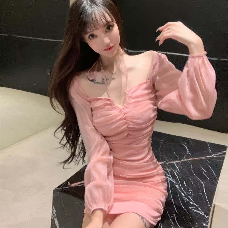 Sheer Long-Sleeve Bodycon Dress for Women - Strapless Slim Fit Camisole Dress for Nightclub in Spring and Autumn Sheer Long-Sleeve Bodycon Dress for Women - Strapless Slim Fit Camisole Dress for Nightclub in Spring and Autumn