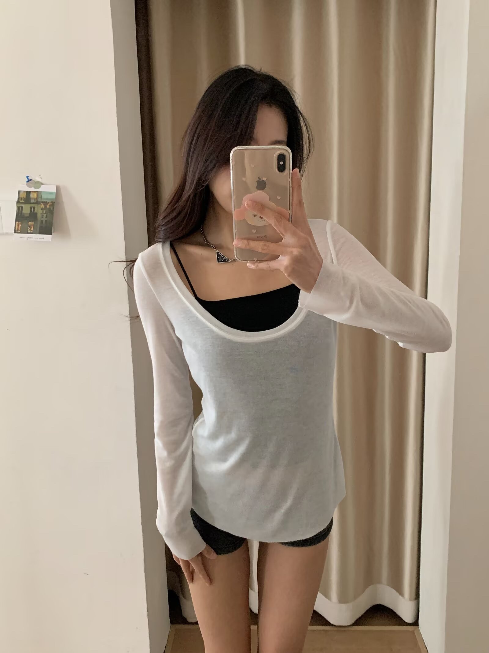 Sheer Long Sleeve U-Neck Cover-Up T-Shirt for Women - K-Pop Jazz Korean Style Lightweight Base Top