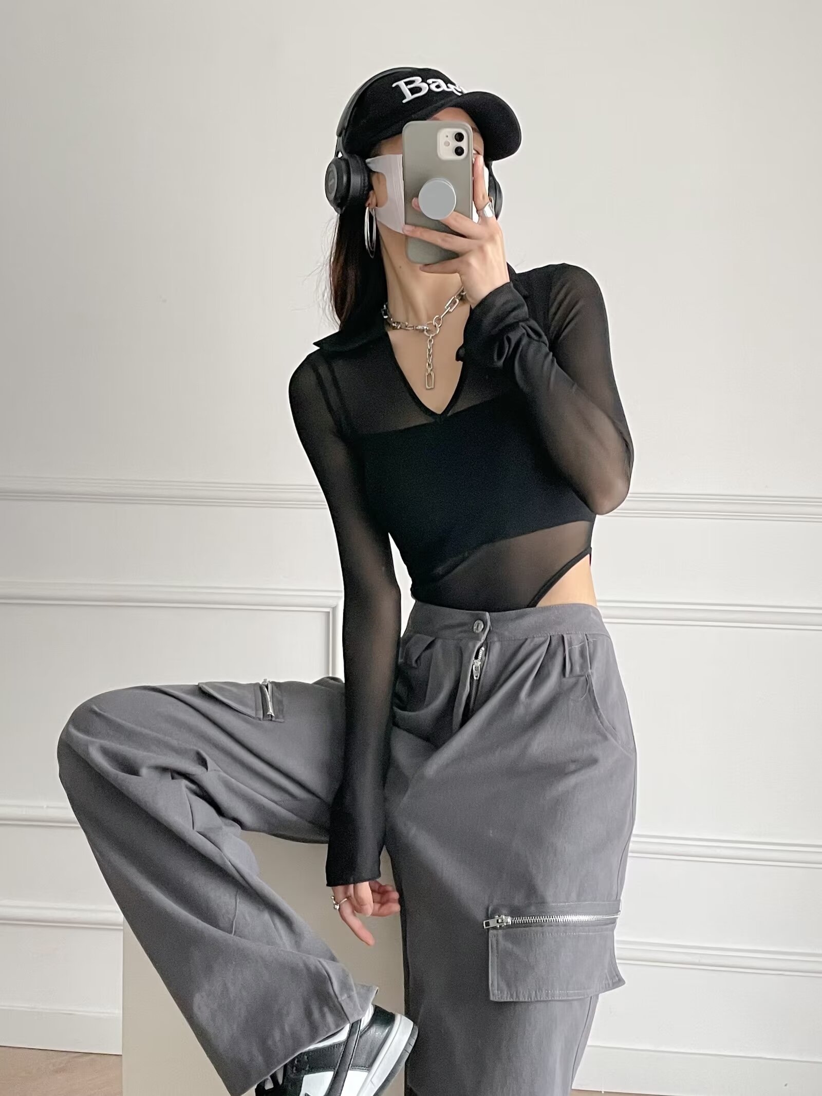 Sheer Mesh Long Sleeve T-Shirt for Women, Slim Fit Jazz Dance Bodysuit, Waist-Cinching European American Style, Figure-Enhancing Fashion Top