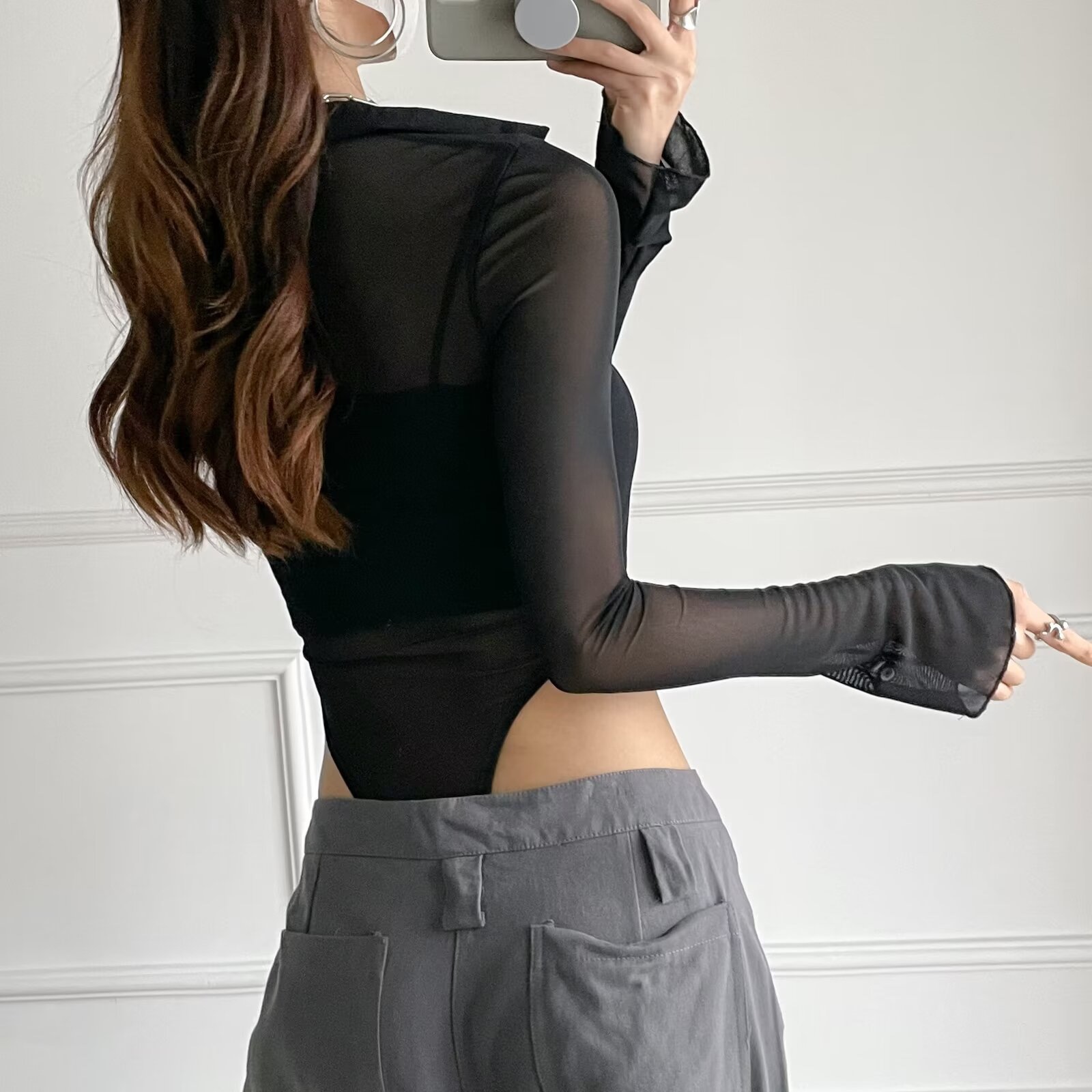 Sheer Mesh Long Sleeve T-Shirt for Women, Slim Fit Jazz Dance Bodysuit, Waist-Cinching European American Style, Figure-Enhancing Fashion Top Sheer Mesh Long Sleeve T-Shirt for Women, Slim Fit Jazz Dance Bodysuit, Waist-Cinching European American Style, Figure-Enhancing Fashion Top