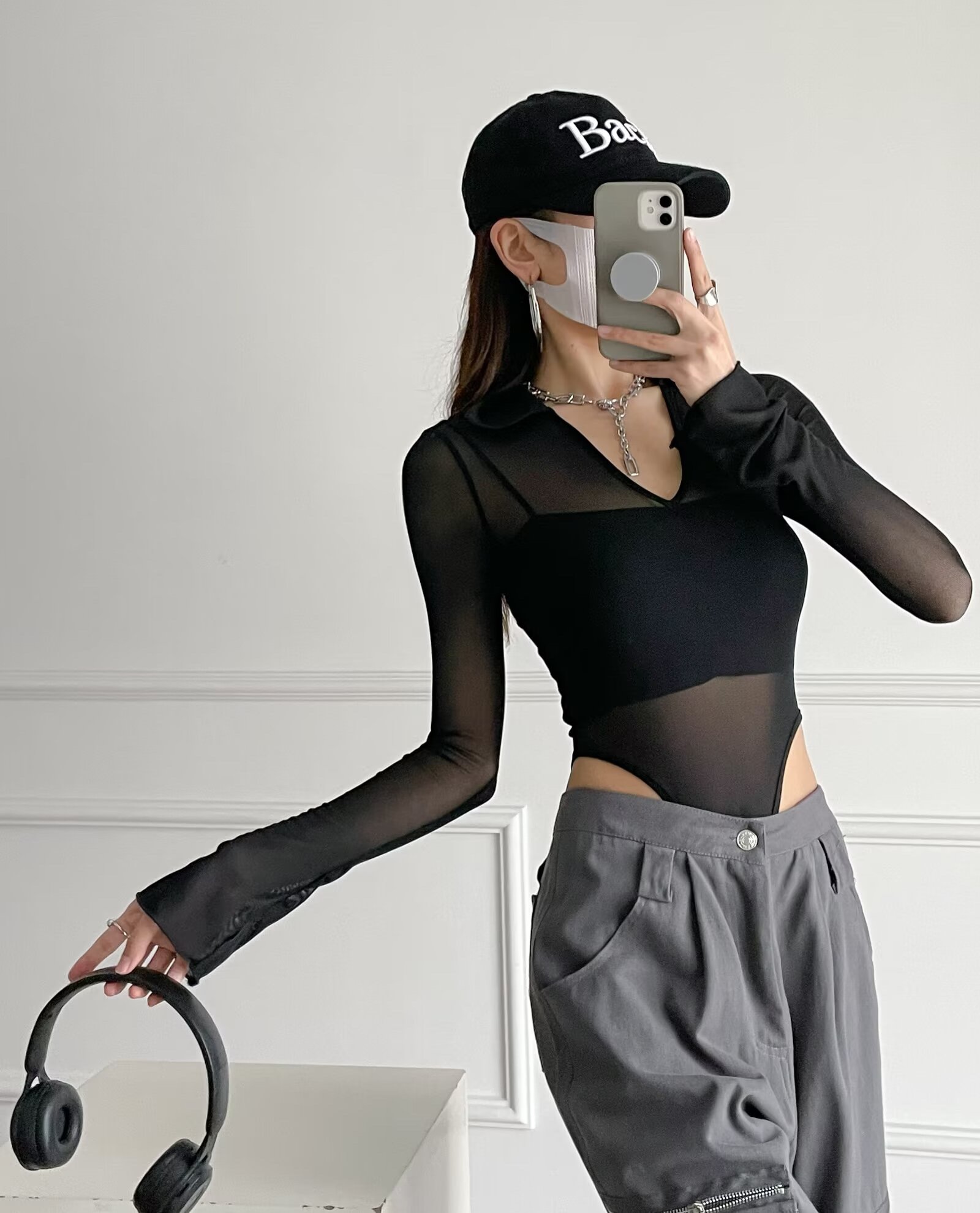 Sheer Mesh Long Sleeve T-Shirt for Women, Slim Fit Jazz Dance Bodysuit, Waist-Cinching European American Style, Figure-Enhancing Fashion Top