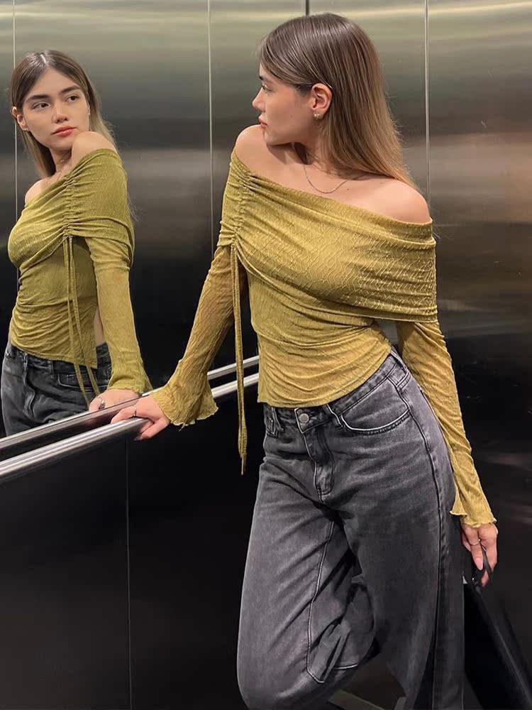 Sheer Mesh Off-Shoulder Long Sleeve T-Shirt for Women - Flared Collar, Slim Fit, Drawstring Short Top - European and American Style Sheer Mesh Off-Shoulder Long Sleeve T-Shirt for Women - Flared Collar, Slim Fit, Drawstring Short Top - European and American Style