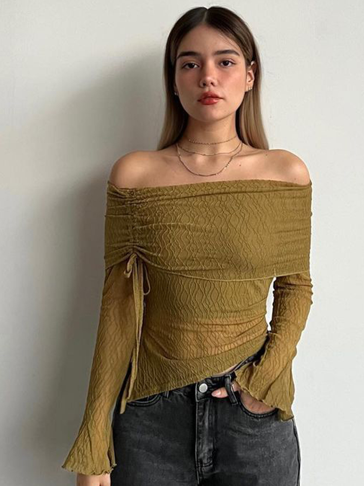 Sheer Mesh Off-Shoulder Long Sleeve T-Shirt for Women - Flared Collar, Slim Fit, Drawstring Short Top - European and American Style