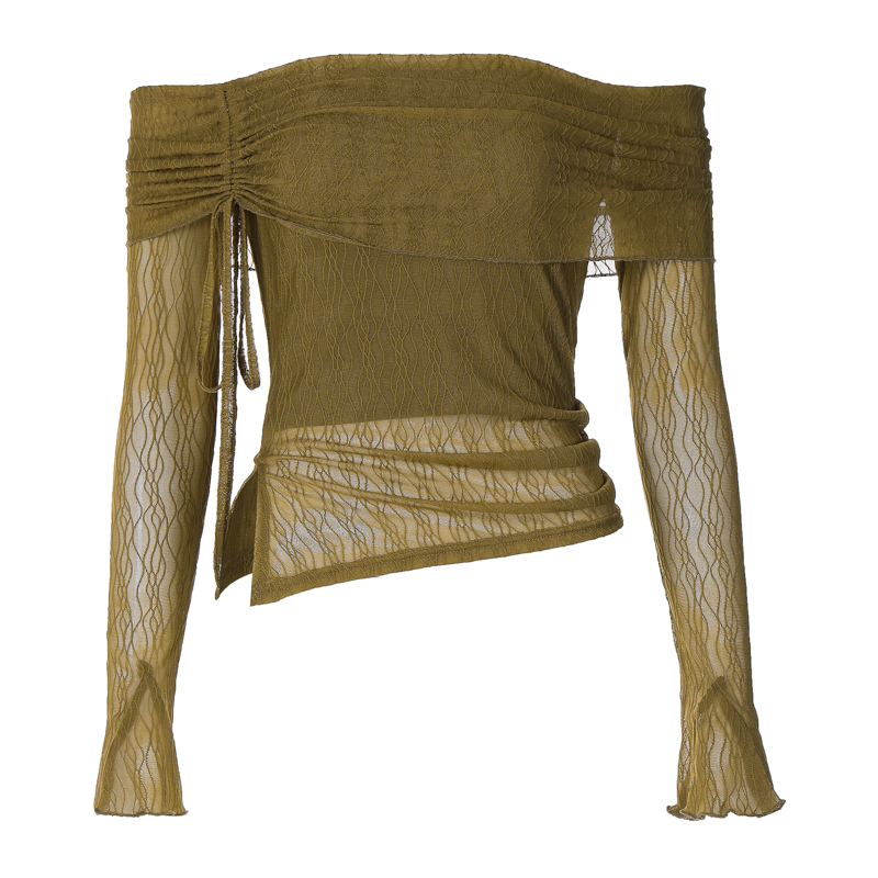 Sheer Mesh Off-Shoulder Long Sleeve T-Shirt for Women - Flared Collar, Slim Fit, Drawstring Short Top - European and American Style