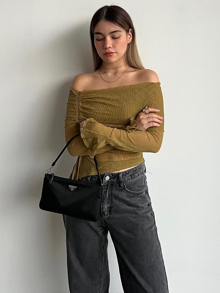 Sheer Mesh Off-Shoulder Long Sleeve T-Shirt for Women - Flared Collar, Slim Fit, Drawstring Short Top - European and American Style Sheer Mesh Off-Shoulder Long Sleeve T-Shirt for Women - Flared Collar, Slim Fit, Drawstring Short Top - European and American Style