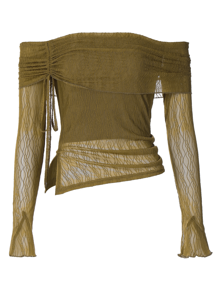 Sheer Mesh Off-Shoulder Long Sleeve T-Shirt for Women - Flared Collar, Slim Fit, Drawstring Short Top - European and American Style Sheer Mesh Off-Shoulder Long Sleeve T-Shirt for Women - Flared Collar, Slim Fit, Drawstring Short Top - European and American Style