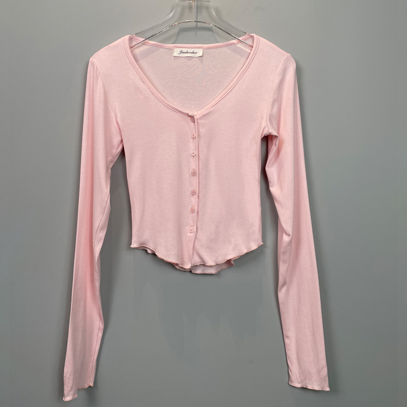 Sheer Pink Cropped Long Sleeve V-Neck Top for Women - Korean Style, Autumn/Winter, Sexy Design, Revealing Chest Sheer Pink Cropped Long Sleeve V-Neck Top for Women - Korean Style, Autumn/Winter, Sexy Design, Revealing Chest