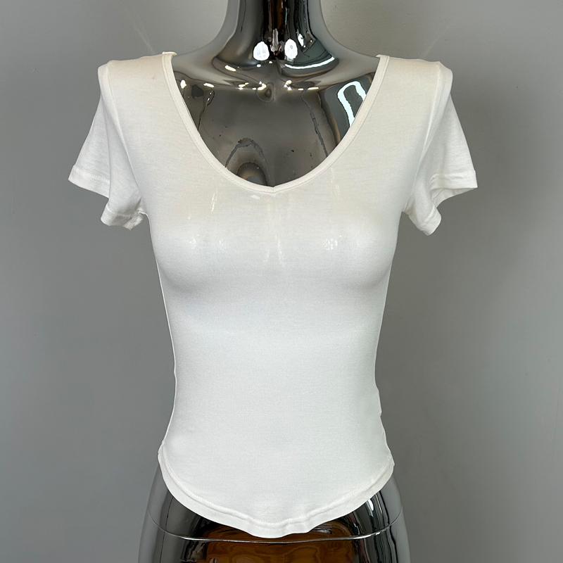 Sheer V-Neck Fitted Short Sleeve T-Shirt for Women - Sexy Feminine Style Inspired by Korean Dongdaemun Fashion