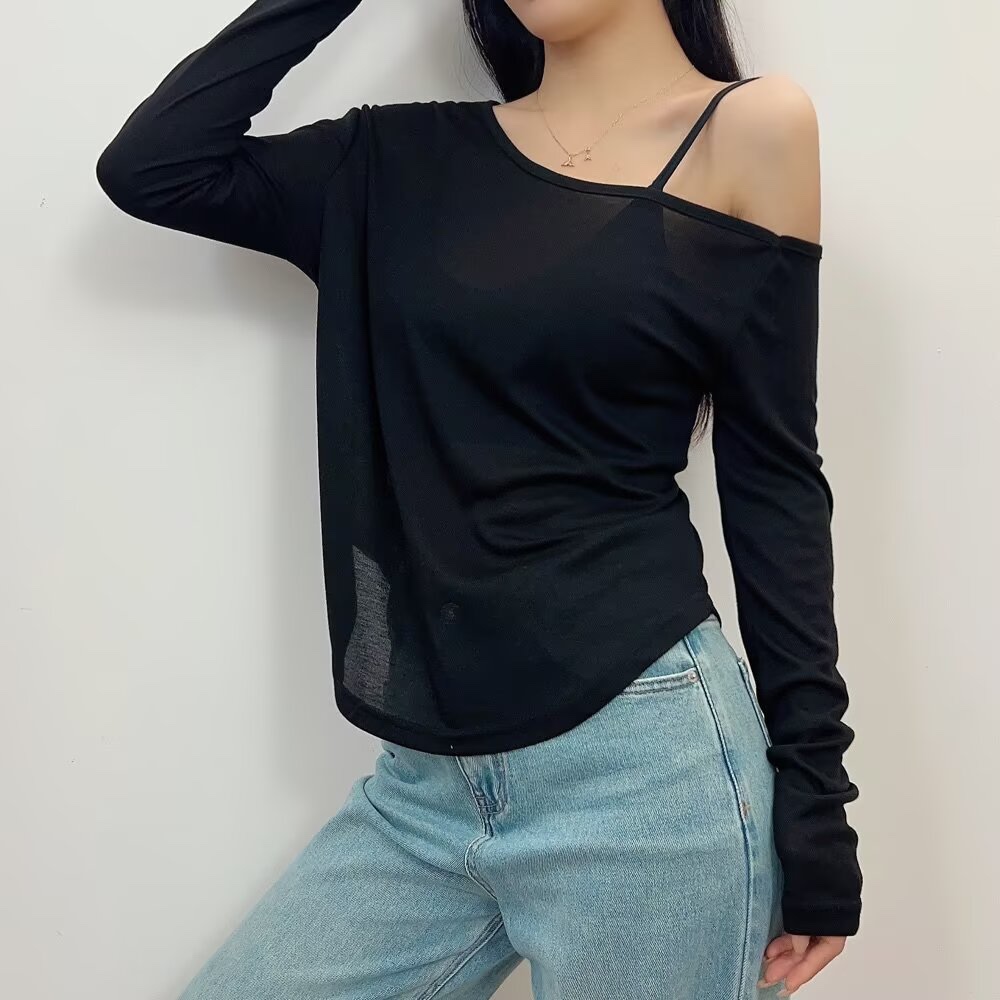 Sheer White Long Sleeve Cover-Up T-Shirt - Jazz Style, Versatile Casual Top for Spring, Sexy and Chic Design