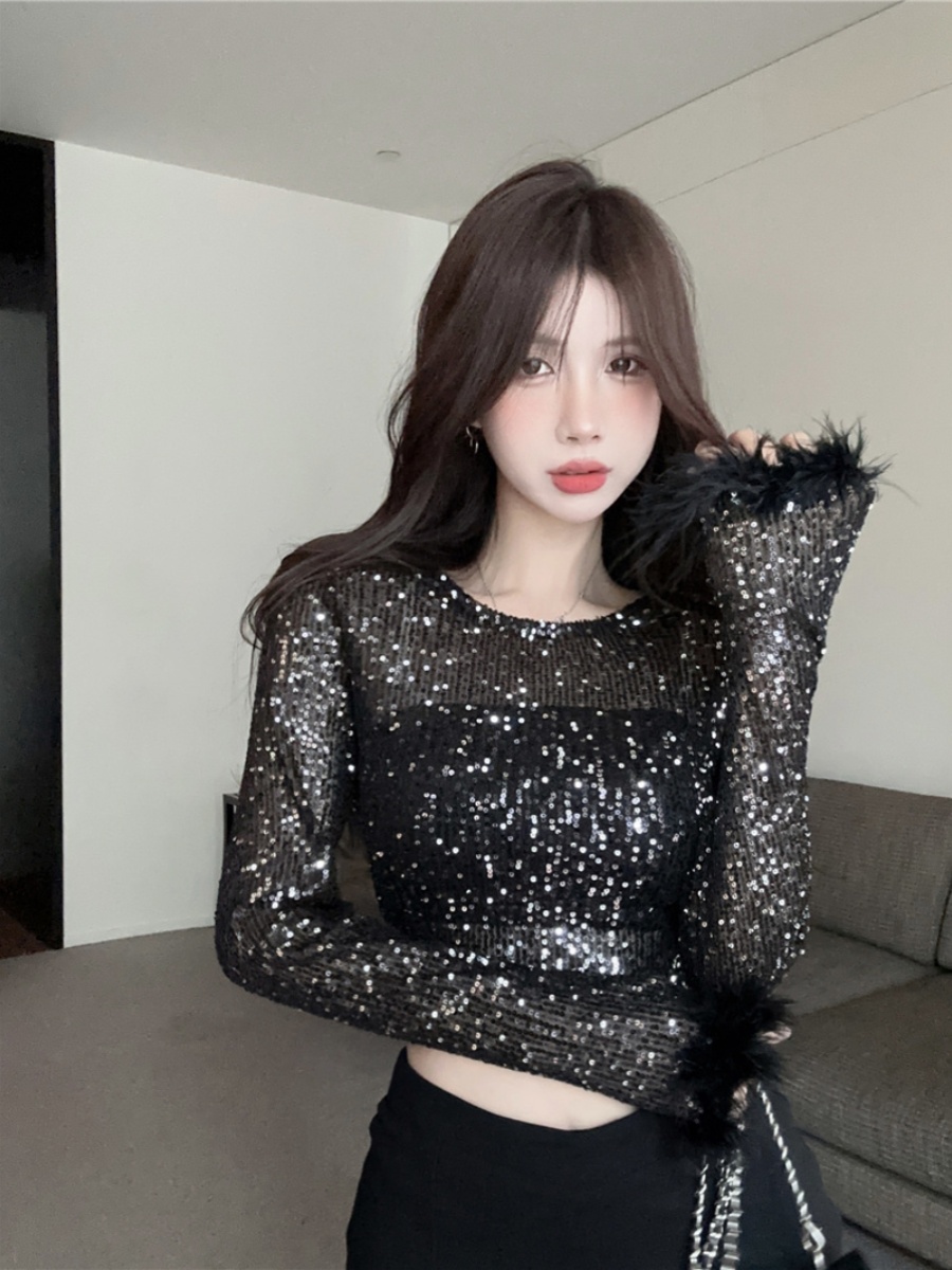 Shiny Sequined K-Pop Style Performance Outfit - Short Jazz Dance Top for Spicy Girl Group Stage Looks
