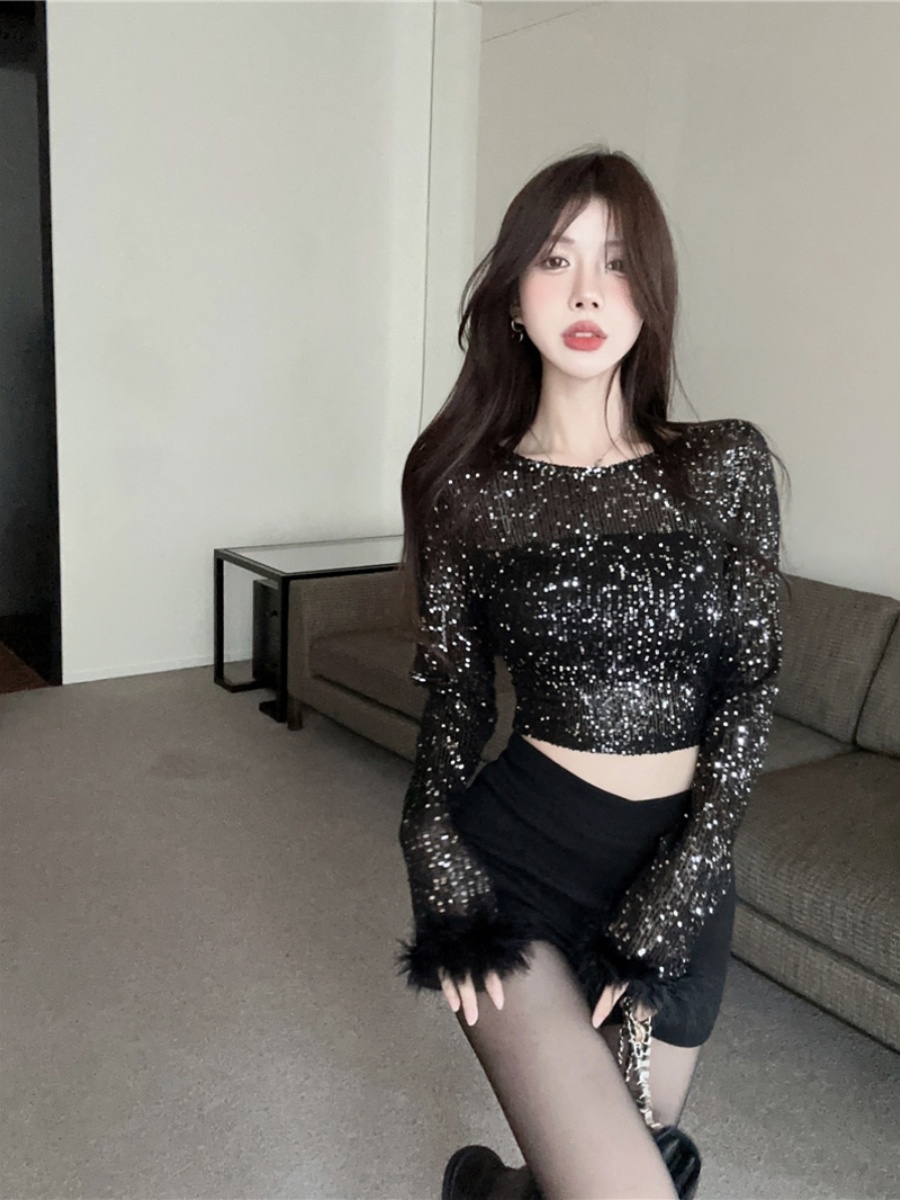 Shiny Sequined K-Pop Style Performance Outfit - Short Jazz Dance Top for Spicy Girl Group Stage Looks