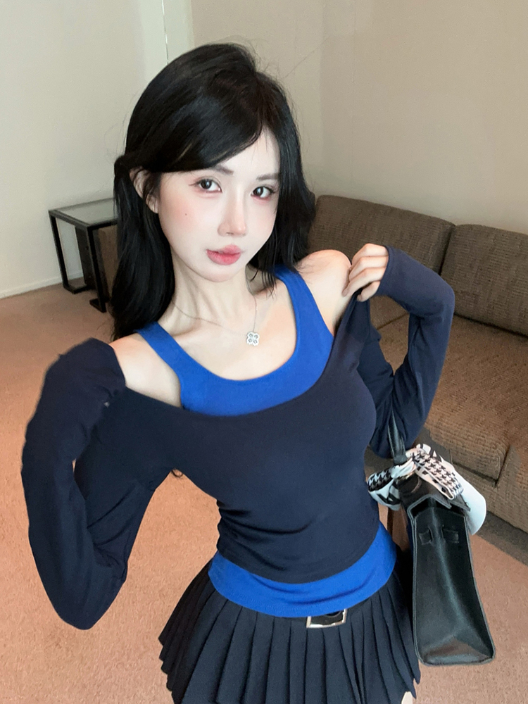 Short Faux Two-Piece Base Shirt for Women - American Jazz Dance K-Pop Top for Girl Group Performance, Trendy Stagewear Short Faux Two-Piece Base Shirt for Women - American Jazz Dance K-Pop Top for Girl Group Performance, Trendy Stagewear