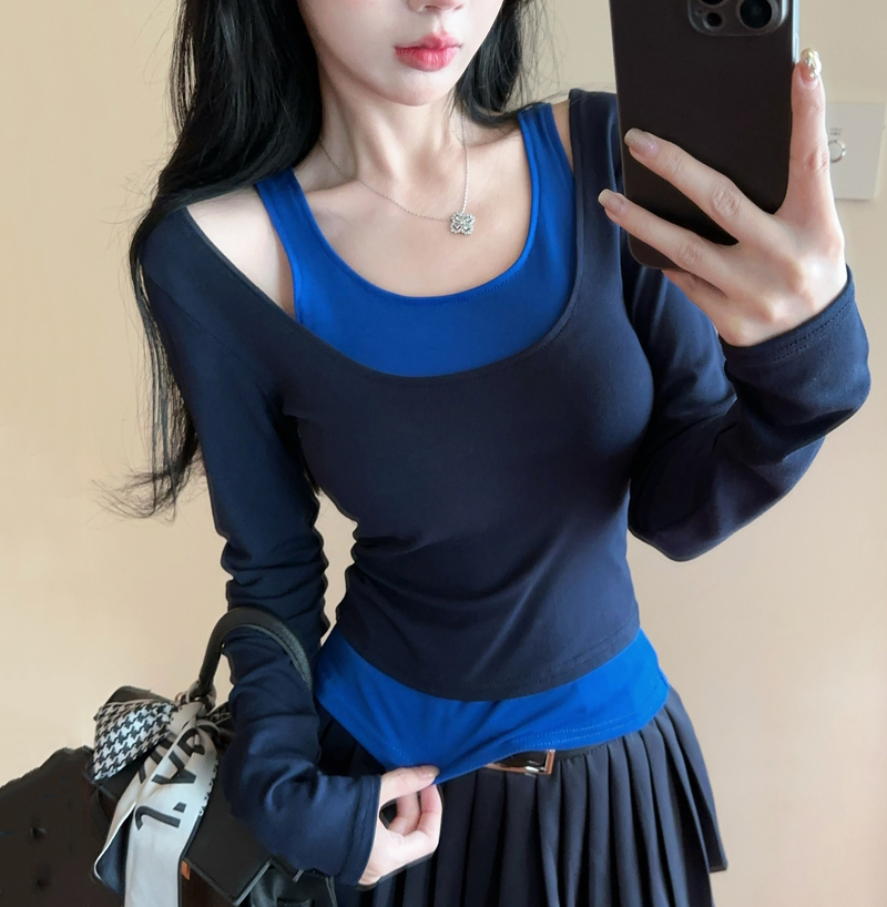 Short Faux Two-Piece Base Shirt for Women - American Jazz Dance K-Pop Top for Girl Group Performance, Trendy Stagewear