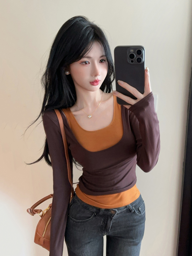 Short Faux Two-Piece Base Shirt for Women - American Jazz Dance K-Pop Top for Girl Group Performance, Trendy Stagewear Short Faux Two-Piece Base Shirt for Women - American Jazz Dance K-Pop Top for Girl Group Performance, Trendy Stagewear