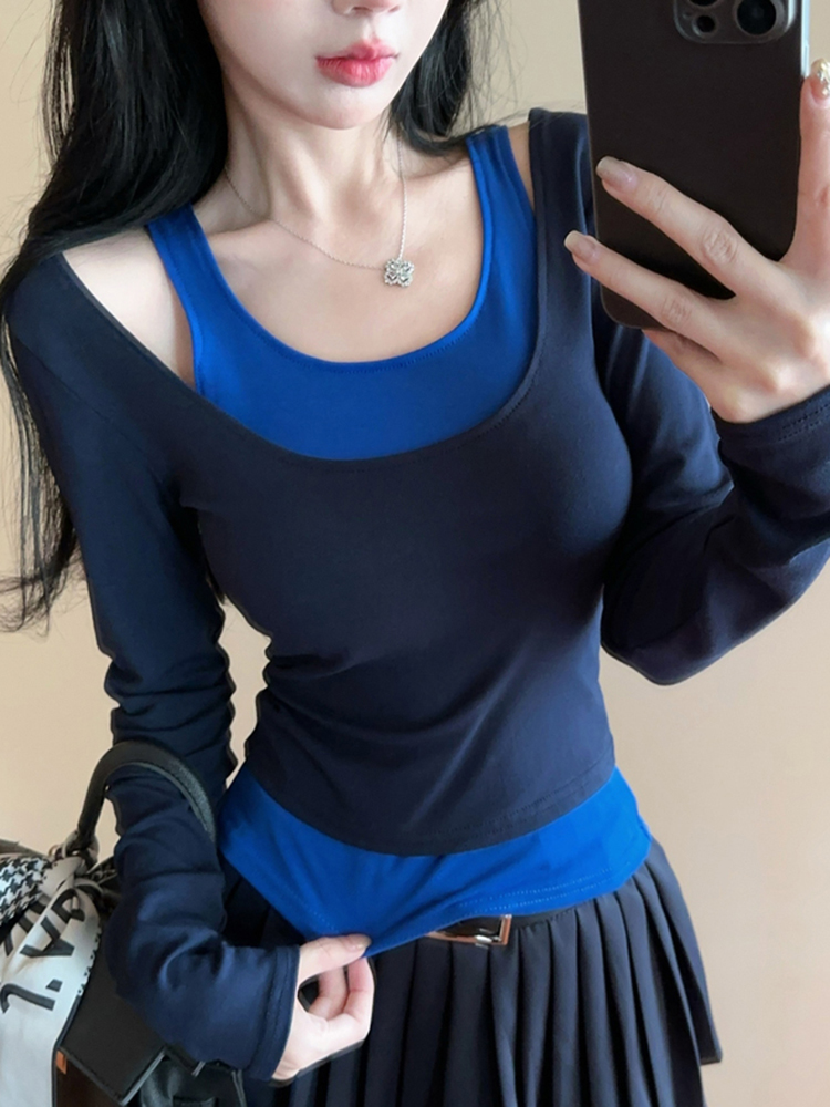 Short Faux Two-Piece Base Shirt for Women - American Jazz Dance K-Pop Top for Girl Group Performance, Trendy Stagewear