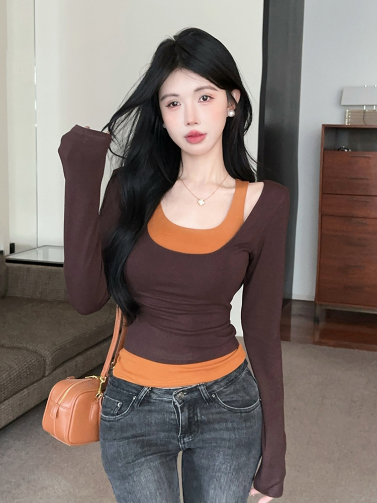 Short Faux Two-Piece Base Shirt for Women - American Jazz Dance K-Pop Top for Girl Group Performance, Trendy Stagewear Short Faux Two-Piece Base Shirt for Women - American Jazz Dance K-Pop Top for Girl Group Performance, Trendy Stagewear