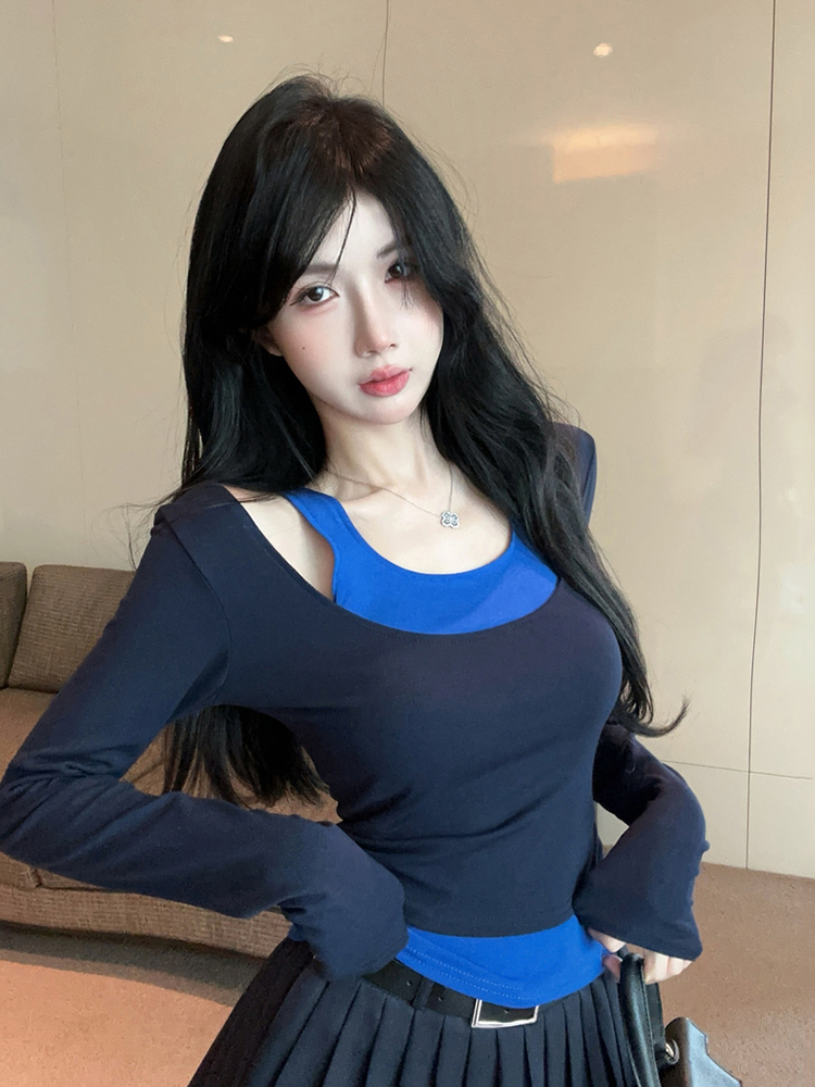 Short Faux Two-Piece Base Shirt for Women - American Jazz Dance K-Pop Top for Girl Group Performance, Trendy Stagewear Short Faux Two-Piece Base Shirt for Women - American Jazz Dance K-Pop Top for Girl Group Performance, Trendy Stagewear