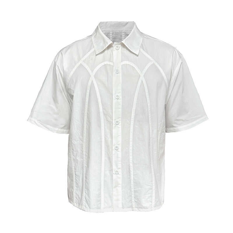 Short Sleeve Fence Design Shirt with Curved Piping, Structural Lines, 100% Cotton - Casual Urban Style Top for Everyday Wear