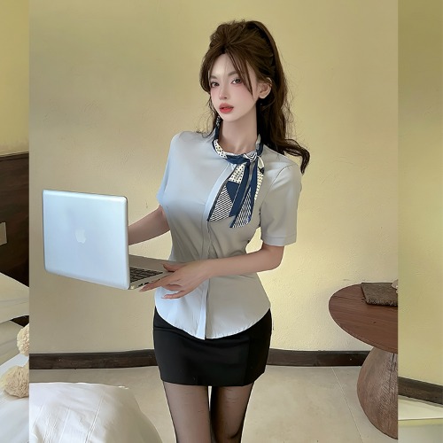 Silk Scarf Short Sleeve Blue Shirt and Bodycon Skirt Set for Female Foot Massage Technicians - Stylish Wellness Uniform Silk Scarf Short Sleeve Blue Shirt and Bodycon Skirt Set for Female Foot Massage Technicians - Stylish Wellness Uniform