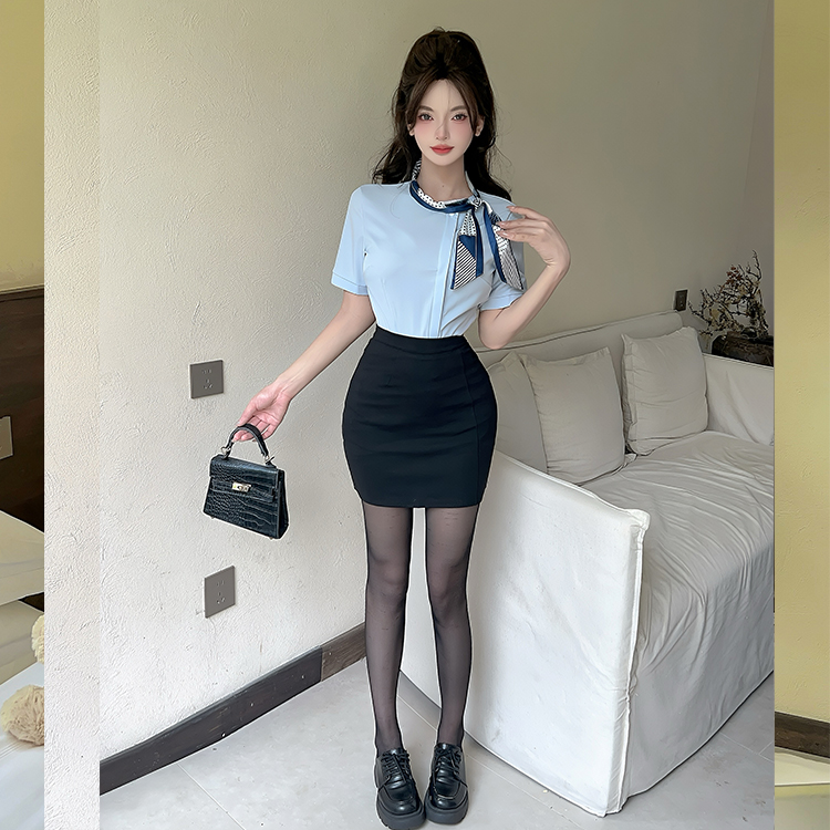 Silk Scarf Short Sleeve Blue Shirt and Bodycon Skirt Set for Female Foot Massage Technicians - Stylish Wellness Uniform Silk Scarf Short Sleeve Blue Shirt and Bodycon Skirt Set for Female Foot Massage Technicians - Stylish Wellness Uniform