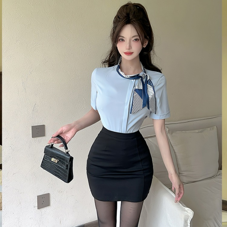 Silk Scarf Short Sleeve Blue Shirt and Bodycon Skirt Set for Female Foot Massage Technicians - Stylish Wellness Uniform