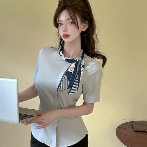 Silk Scarf Short Sleeve Blue Shirt and Bodycon Skirt Set for Female Foot Massage Technicians - Stylish Wellness Uniform