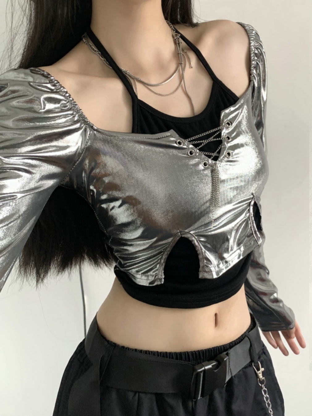 Silver Bling Neck-Hanging Spliced Fake Two-Piece Long Sleeve Women's Jazz Dance Top - Sexy Y2K Style