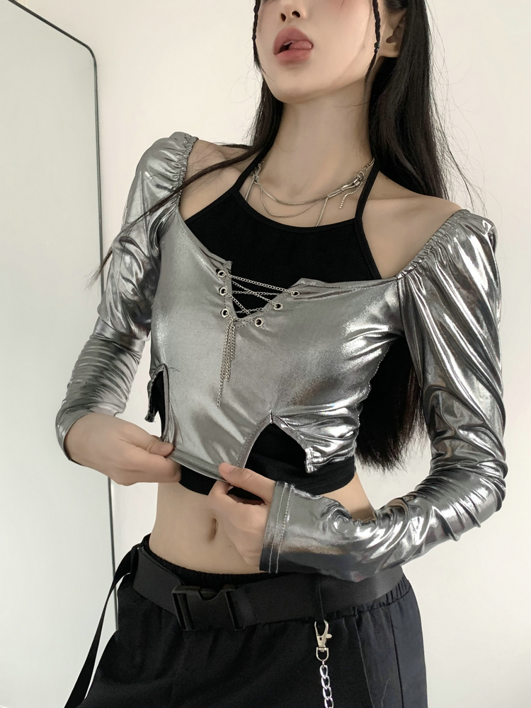 Silver Bling Neck-Hanging Spliced Fake Two-Piece Long Sleeve Women's Jazz Dance Top - Sexy Y2K Style