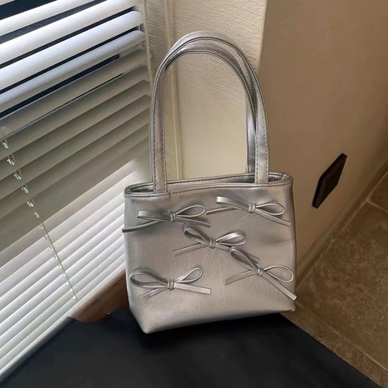 Silver Bowknot Bucket Bag - Handheld Small Tote, Sweet Commuting Bag with High-Quality Texture, Versatile Chain Crossbody Style