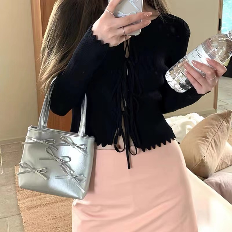 Silver Bowknot Bucket Bag - Handheld Small Tote, Sweet Commuting Bag with High-Quality Texture, Versatile Chain Crossbody Style