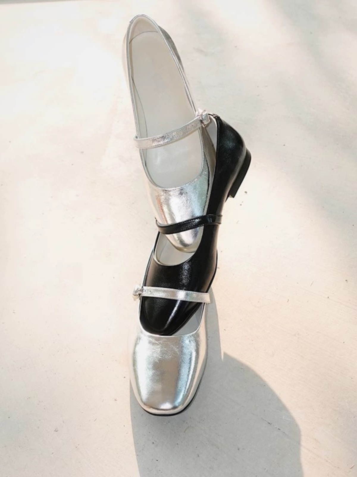 Silver Cowhide Mary Jane Shoes for Women - Round Toe Casual Flats with One-Strap Buckle, Shallow Mouth Ballet Style, 2025 Trends