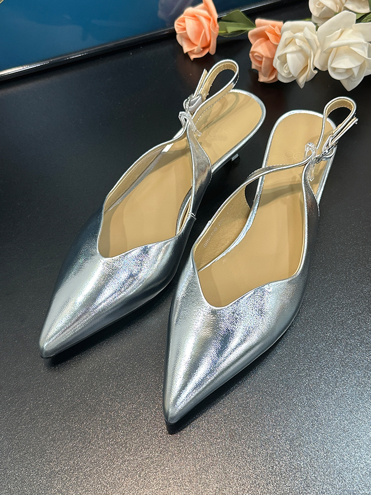 Silver Genuine Leather Chunky Heel Open-Toe Sandals for Women - Pointed Backless Ankle Strap High Heels for Spring Summer 2025