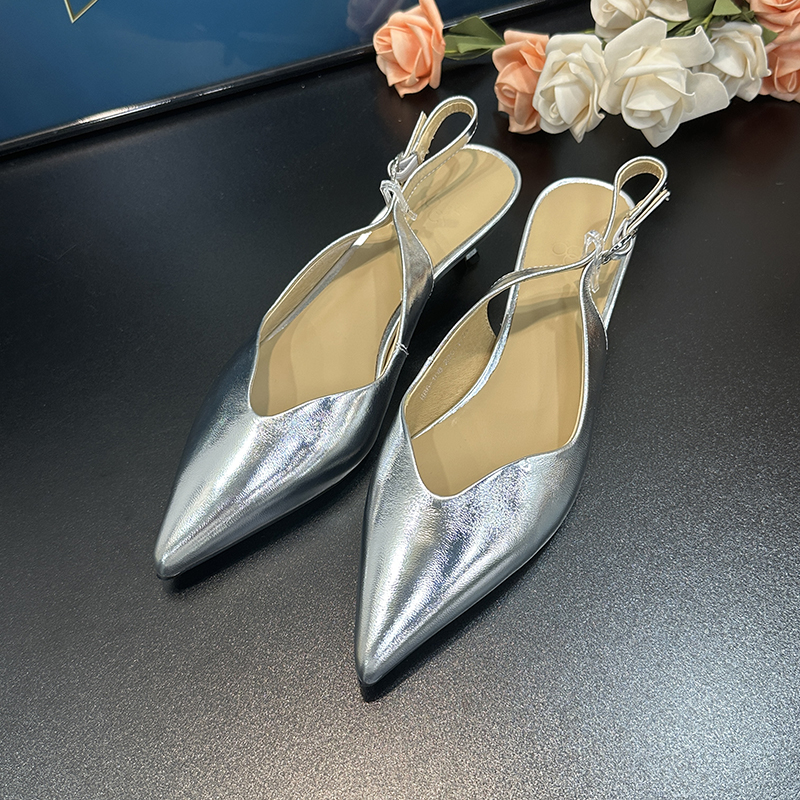 Silver Genuine Leather Chunky Heel Open-Toe Sandals for Women - Pointed Backless Ankle Strap High Heels for Spring Summer 2025