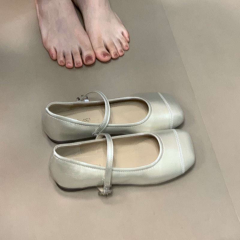 Silver Mary Jane Square-Toe Flats with One-Strap Design | Stylish Shallow Mouth Leather Shoes for Skirts | Y2K Fashion
