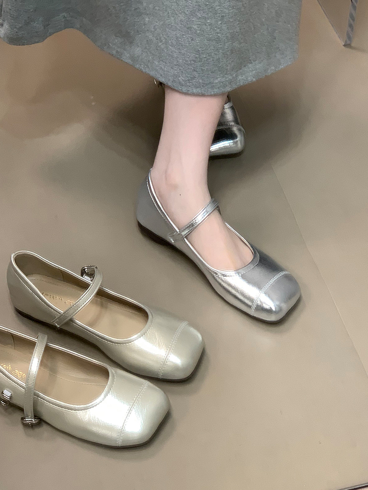 Silver Mary Jane Square-Toe Flats with One-Strap Design | Stylish Shallow Mouth Leather Shoes for Skirts | Y2K Fashion